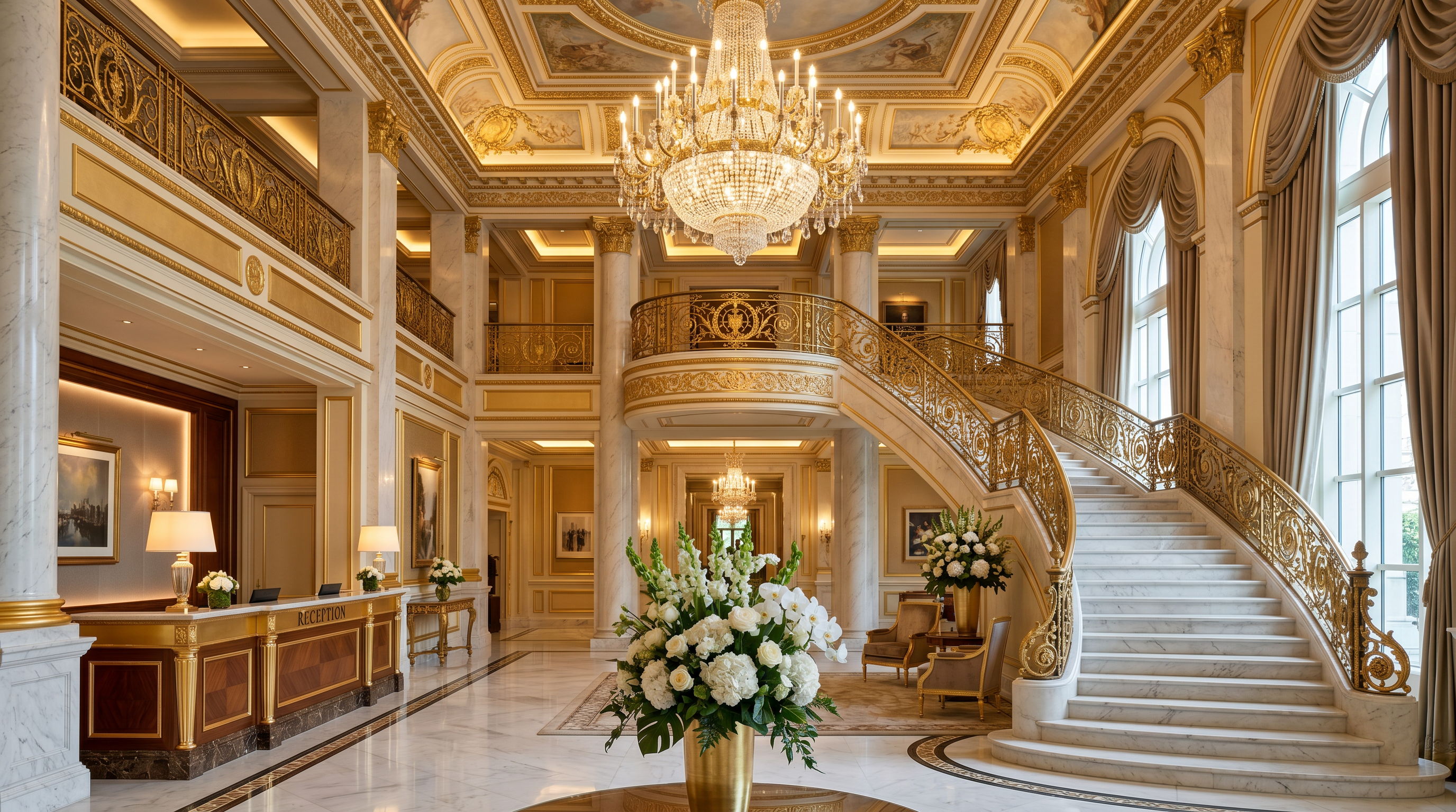 Grand hotel lobby with marble staircase